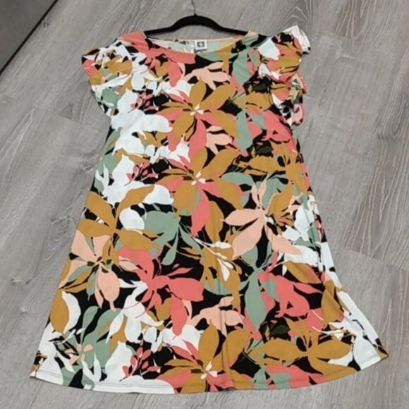 Anne Klein Coral Multi Color Flutter Sleeve Tropical Flower Dress - Picture 7 of 16